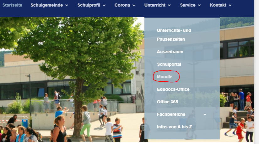 Bildschirmfoto Hauptmenü der Startseite zu Moodle