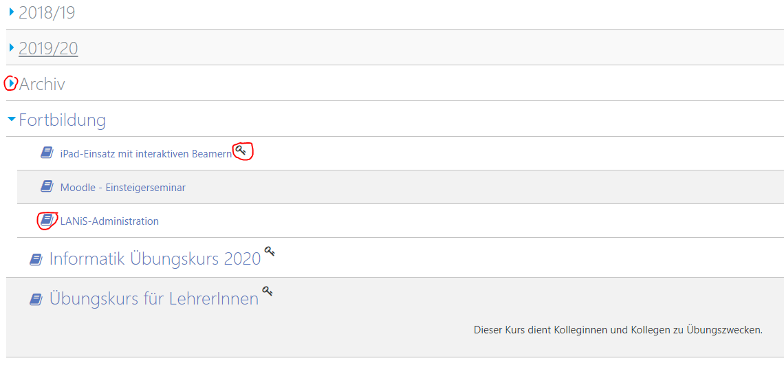 Bildschirmfoto Übersicht zu Kursen in Moodle