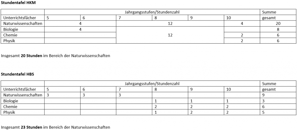 Das Bild zeigt die aktuell offizielle Stundentafel als Tabelle an.