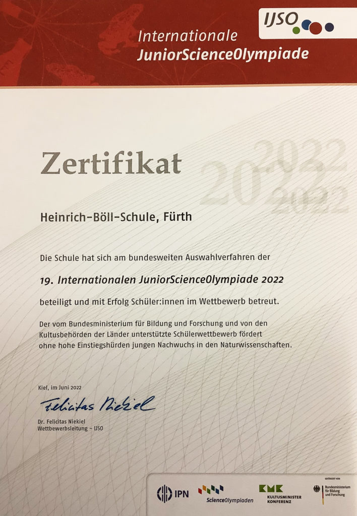 Zertifikat der HBS für die Teilnahme und Betreuung von Schüler/nnen bei der ISJO 22