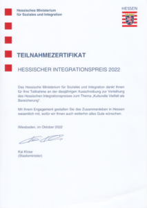 Foto zum Teilnahmezertifikat des Integrationspreises 2022