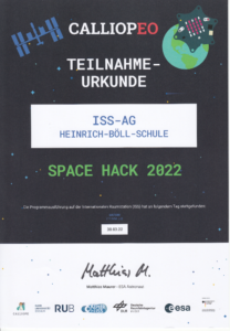 Urkunde Teilnahme am ISS-Wettbewerb "Space-Hack" 2022