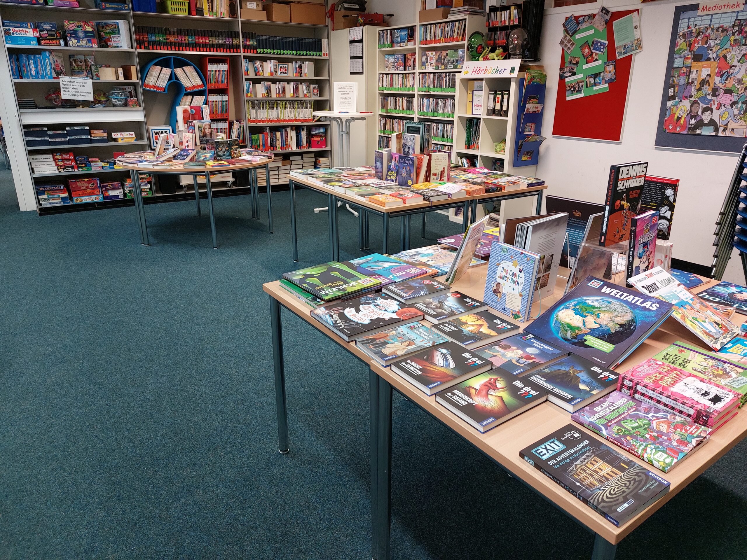Das Bild zeigt einen Bereich der Mediothek, in dem viele verschiedene Bücher ausgestellt sind