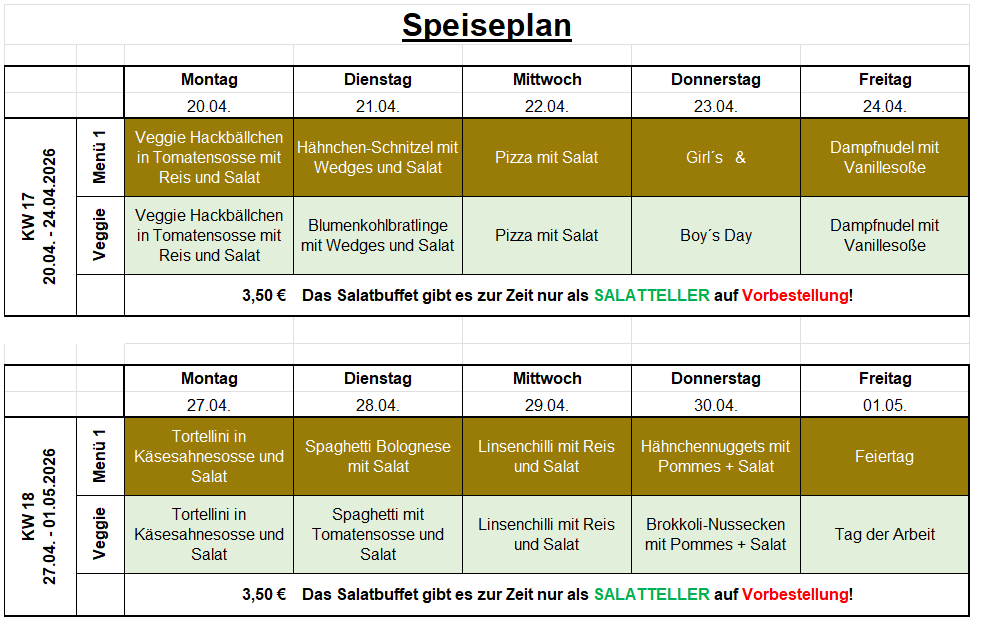 Speiseplan der Mensa HBS